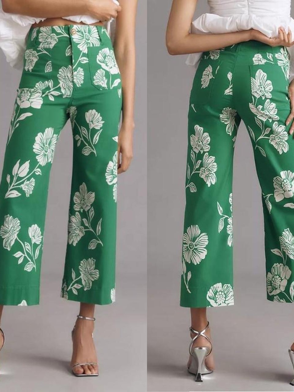 Anthropologie Maeve Colette Green Floral Wide-Leg Cropped Pants - Picture 2 of 5